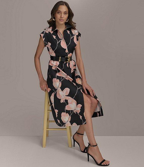 Donna Karan Floral Cap Sleeve Belted Midi Shirt Dress Product Image