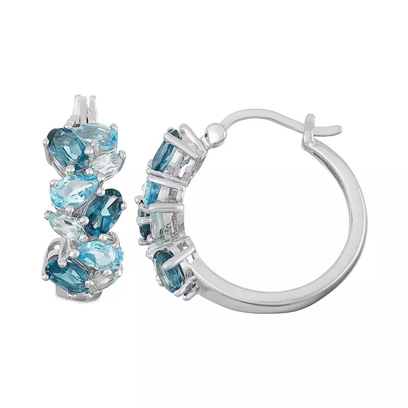 Sterling Silver London, Swiss & Sky Blue Topaz Cluster Hoop Earrings, Women's Product Image