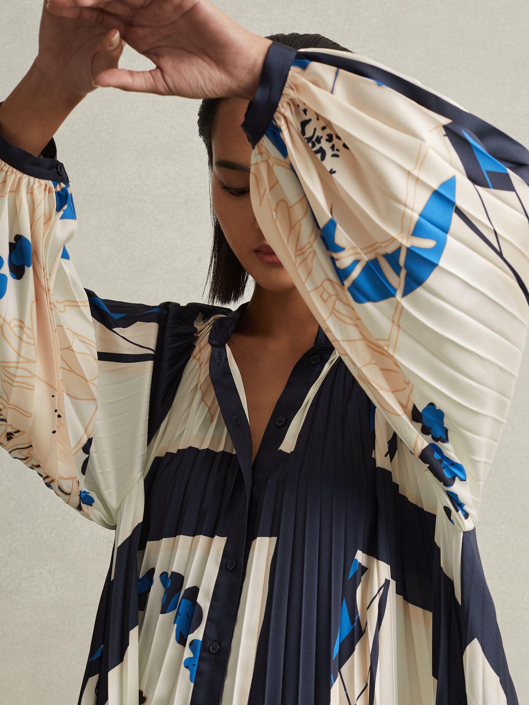 Printed Pleated Maxi Dress in Blue Product Image