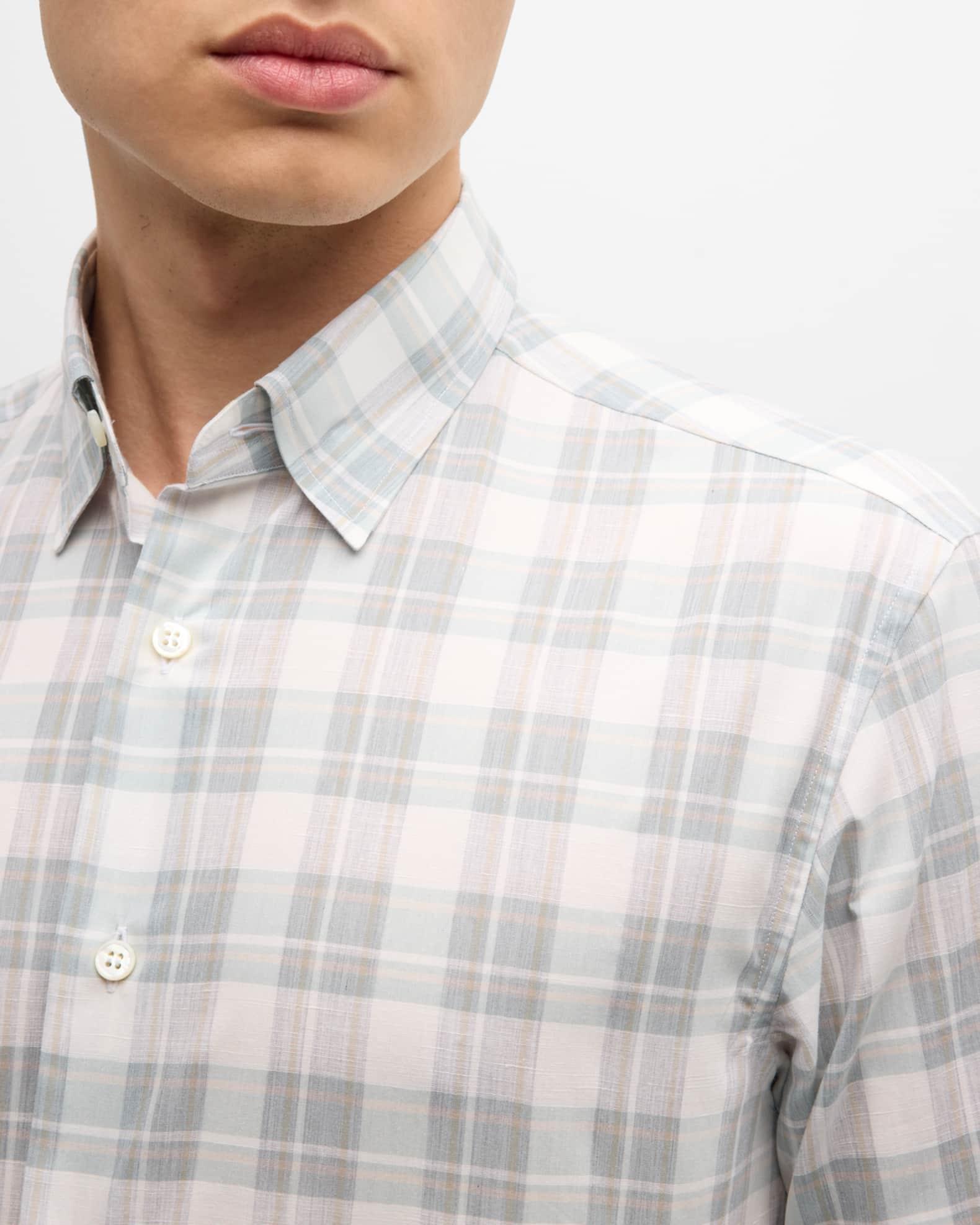 Men's Cotton-Linen Plaid Sport Shirt Product Image
