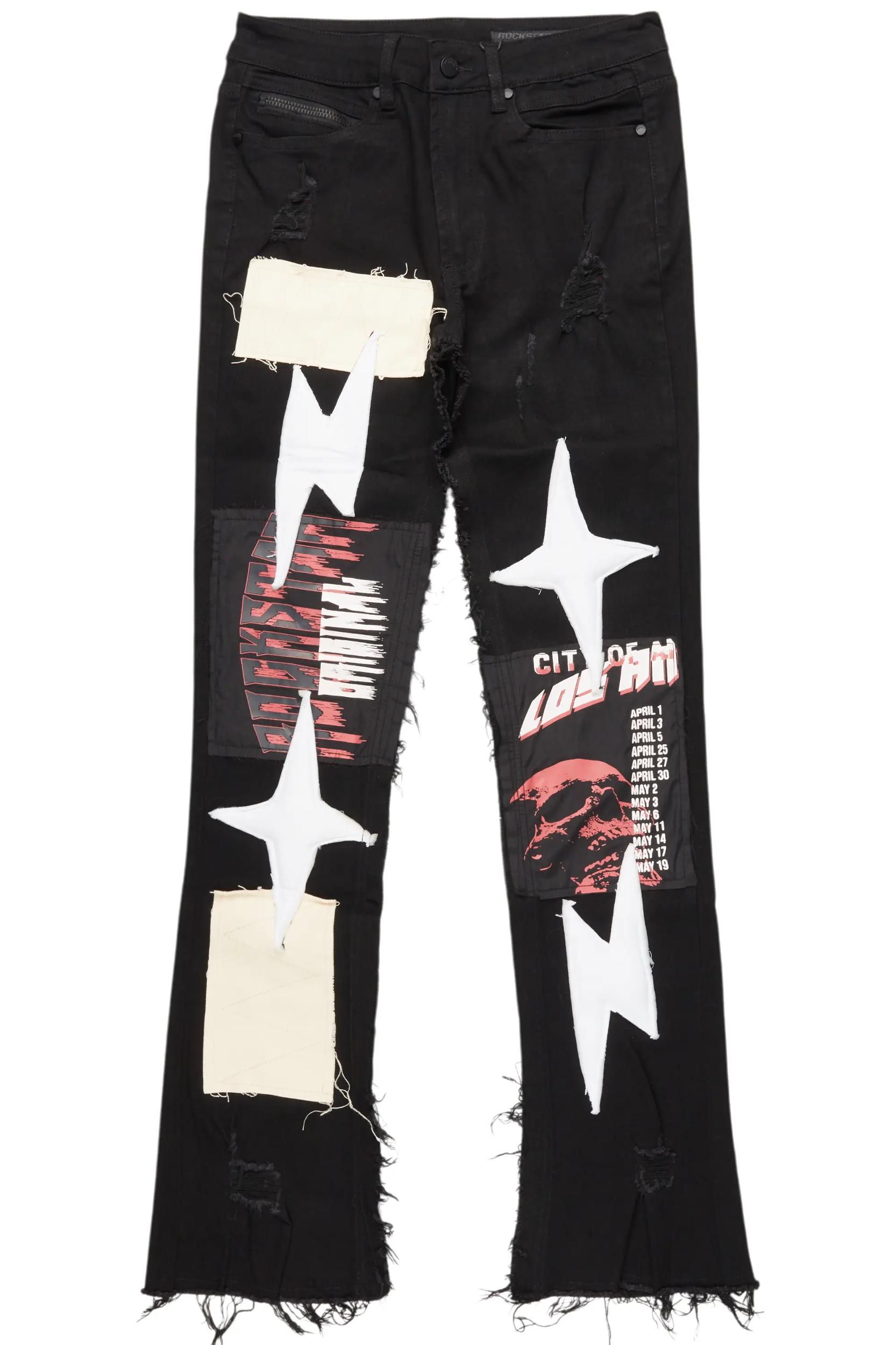 Vinson Black  Patchwork Stacked Flare Jean Male Product Image