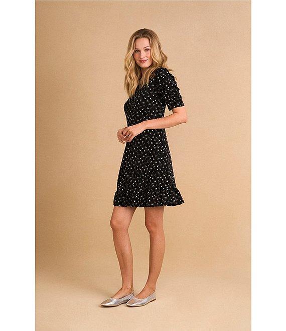CeCe Crew Neck Short Puffed Sleeve Polka Dot Dress Product Image