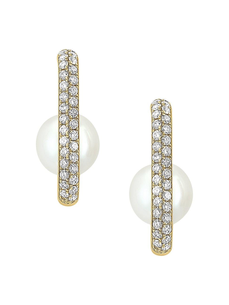 Womens 14K Yellow Gold, Freshwater Pearl & 0.61 TCW Diamond Oval Hoop Earrings Product Image