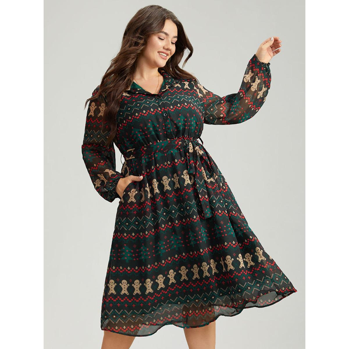 Plus Size Christmas Button Through Belted Mesh Patchwork Dress Cyan Women Office Elastic cuffs Shirt collar Long Sleeve Curvy Midi Dress BloomChic 18-20/2X Product Image