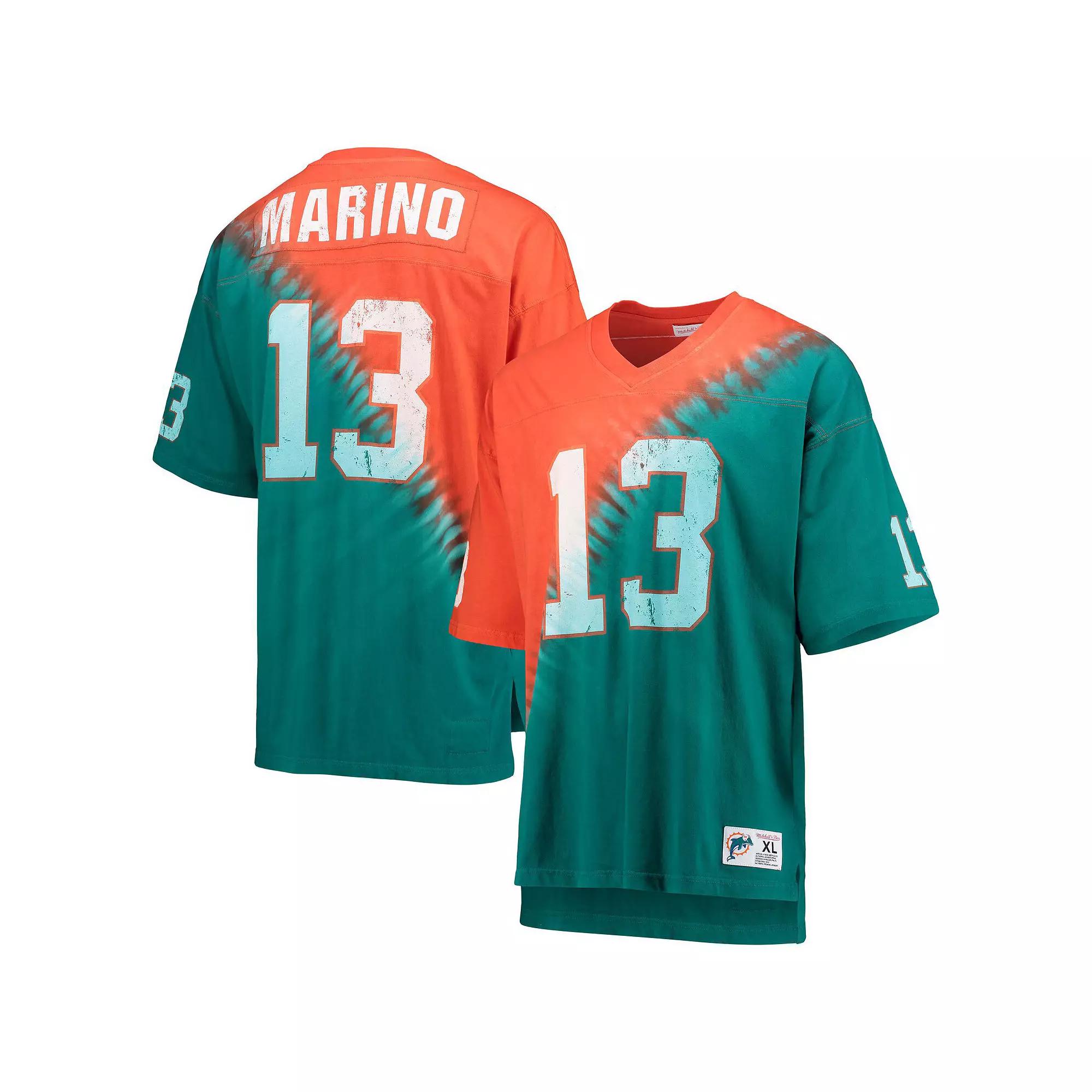 Men's Mitchell & Ness Dan Marino Orange/Aqua Miami Dolphins Retired Player Name & Number Diagonal Tie-Dye V-Neck T-Shirt,  Product Image