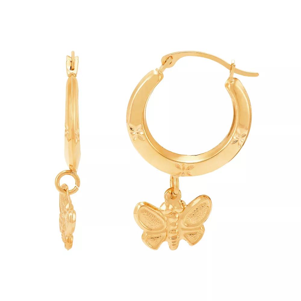 Everlasting Gold 10k Gold Diamond Cut Round Butterfly Hoop Earrings, Women's Product Image