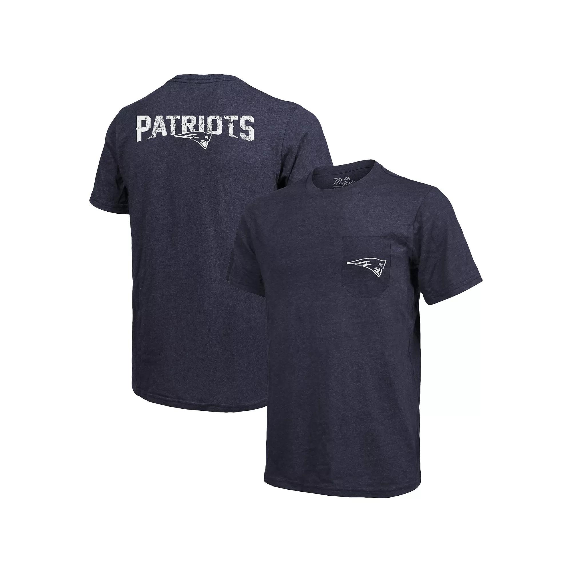 New England Patriots Majestic Threads Tri-Blend Pocket T-Shirt - Heathered Navy, Men's, Size: Small, Blue Product Image