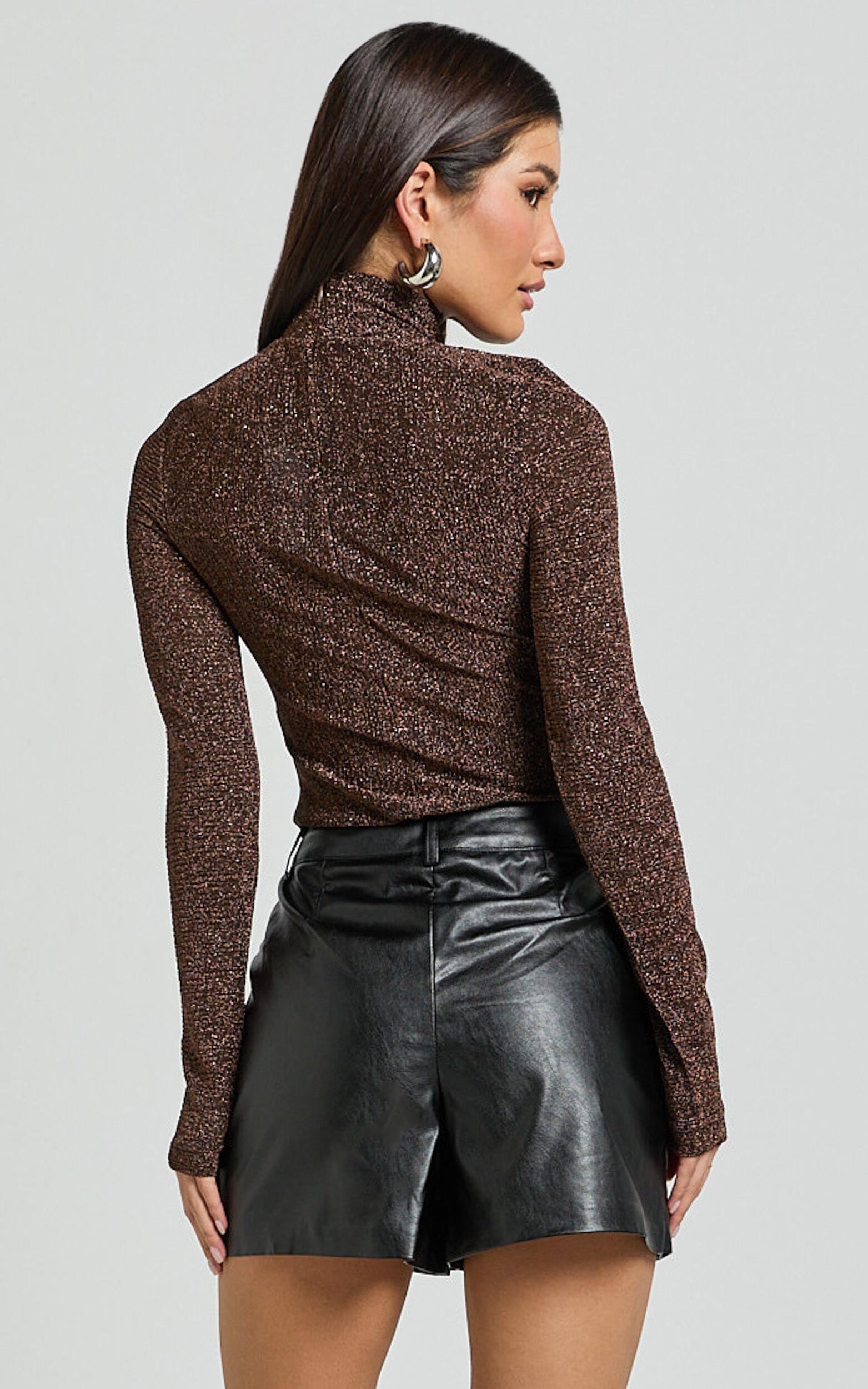 Dawn Top - High Neck Glitter Textured Jersey Top in Brown Product Image