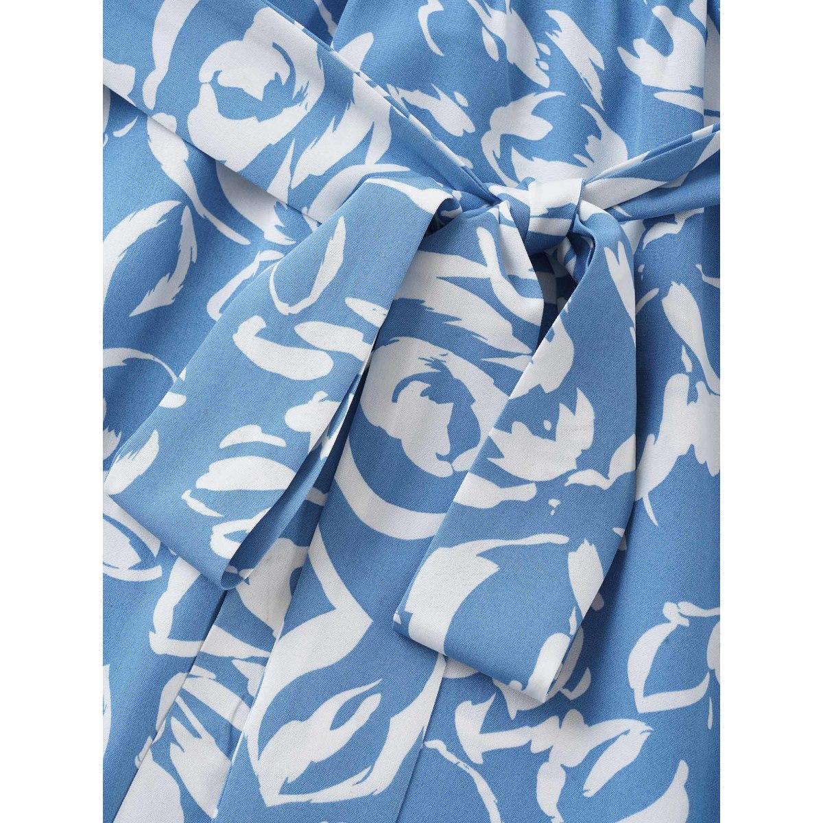 Plus Size Silhouette Floral Print Pocket Wrap Belted Dress LightBlue Women Elegant Non Overlap Collar Short sleeve Curvy Midi Dress BloomChic 18-20/2X Product Image