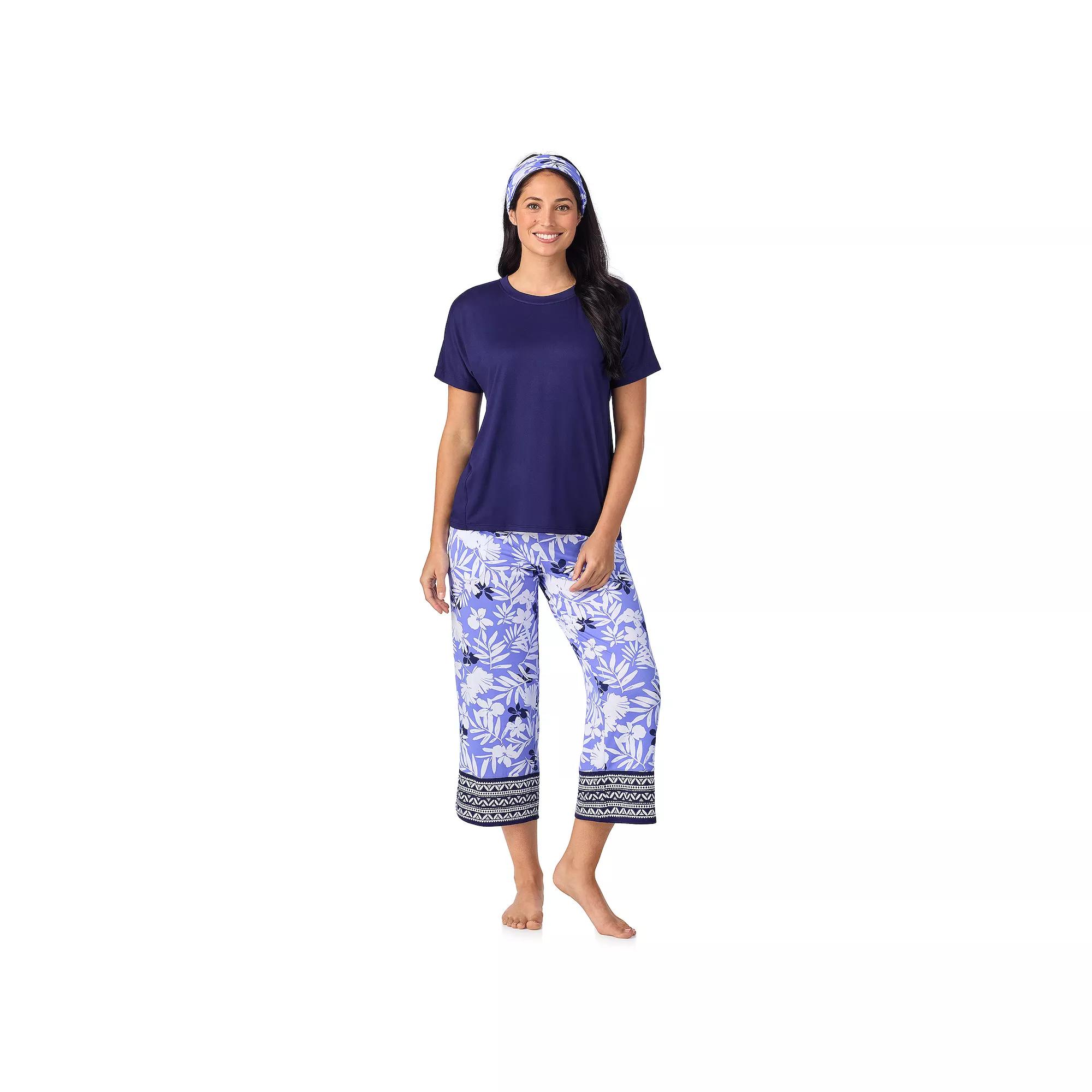 Women's Cuddl Duds® 2-pc. Pajama Crewneck Top & Pajama Capri Pants Set with Matching Headband, Size: XXL, Purple Mono Floral Product Image