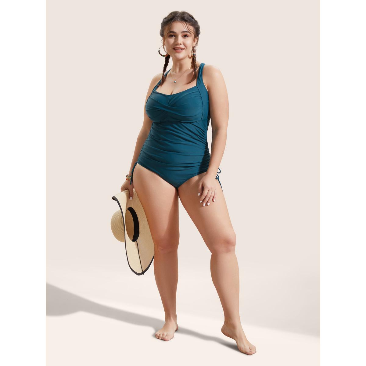 Plus Size Plain Ruched Crossover Drawstring One Piece Swimsuit Women's Swimwear Cyan Beach Twist Curve Bathing Suits High stretch One Pieces BloomChic 10/M Product Image