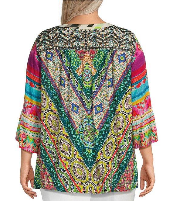 John Mark Plus Size Embroidered Floral Y-Neck 3/4 Sleeve Tunic Product Image