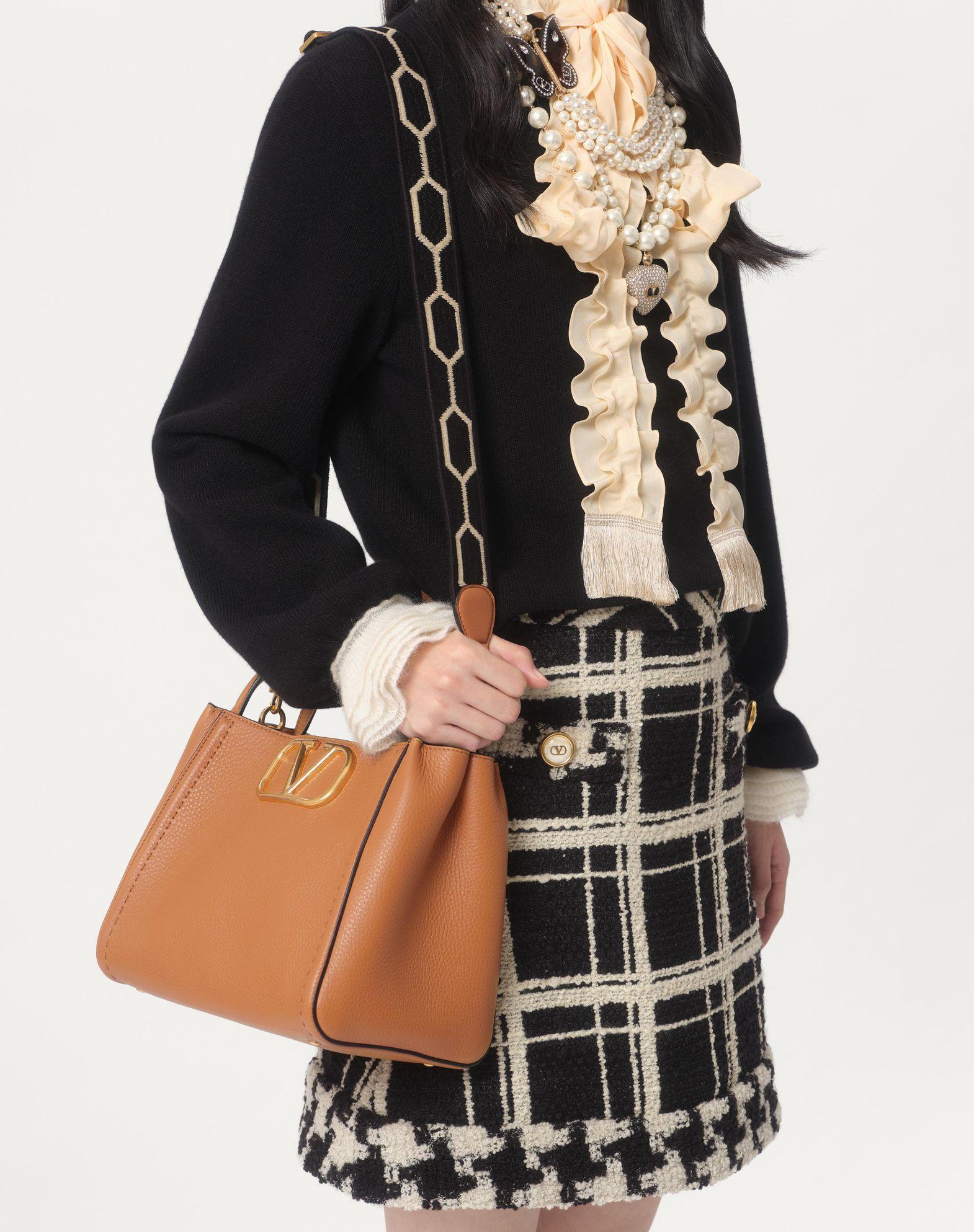 Valentino Garavani Alltime Medium Handbag In Grainy Calfskin With Jacquard Ribbon Shoulder Strap Product Image