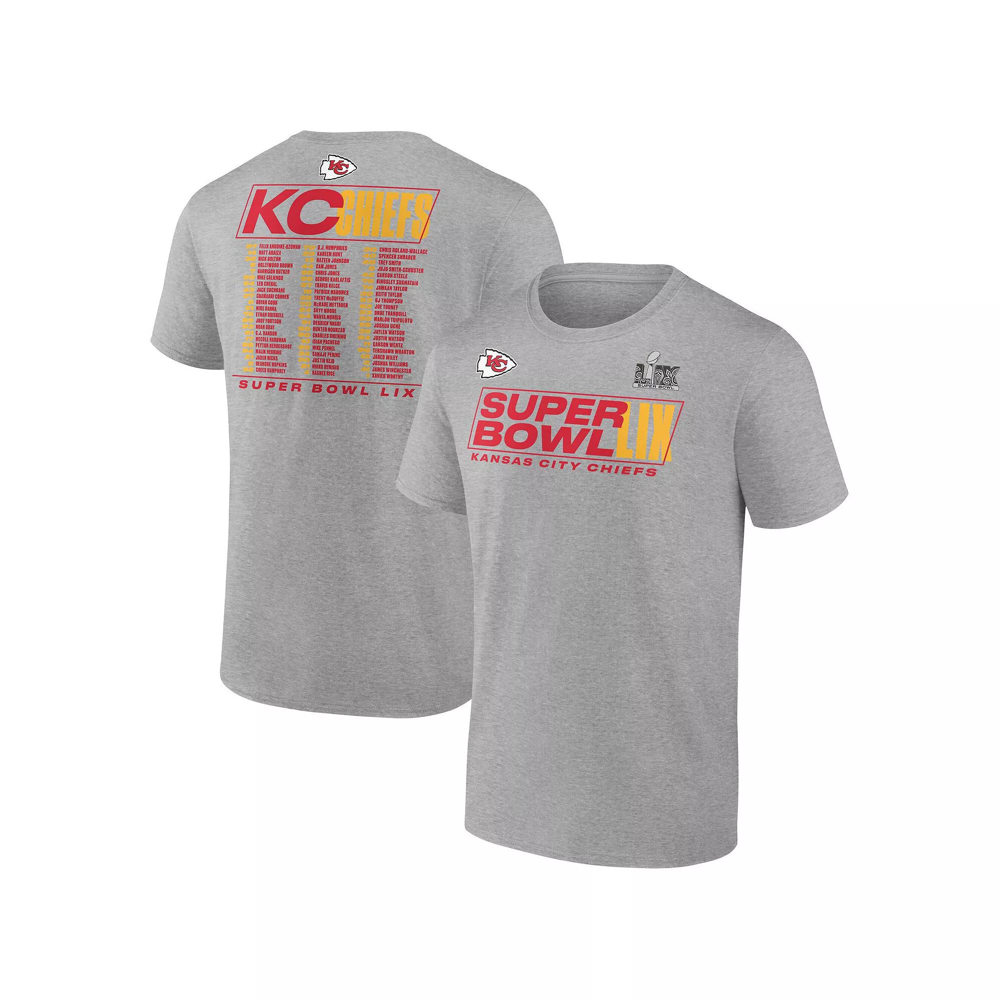 Men's Fanatics  Heather Gray Kansas City Chiefs Super Bowl LIX Roster T-Shirt, Size: Medium, Grey Product Image
