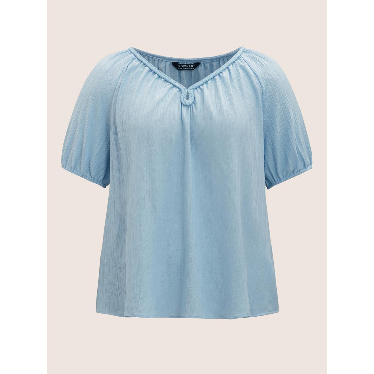 Plus Size LightBlue Plain Textured Woven Ribbon Keyhole Blouse Women Casual Short sleeve V-neck Everyday Blouses BloomChic 10/M Product Image