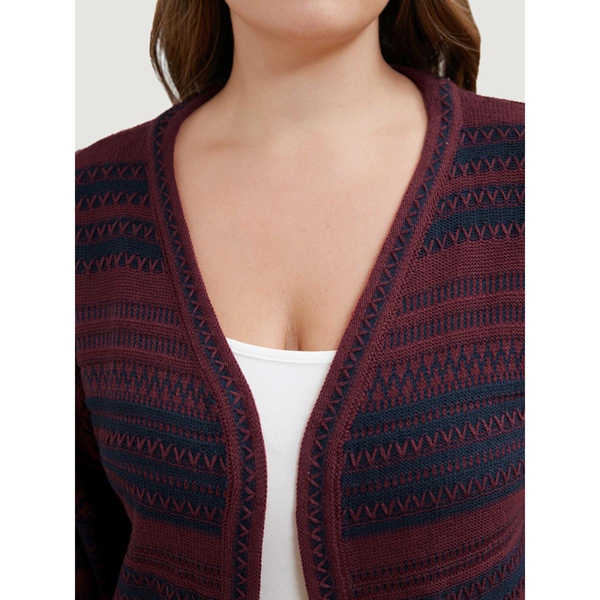 Plus Size Striped Contrast Pointelle Knit Open Front Loose Cardigan Scarlet Women Casual Loose Long Sleeve Office Cardigans BloomChic 14-16/1X Product Image