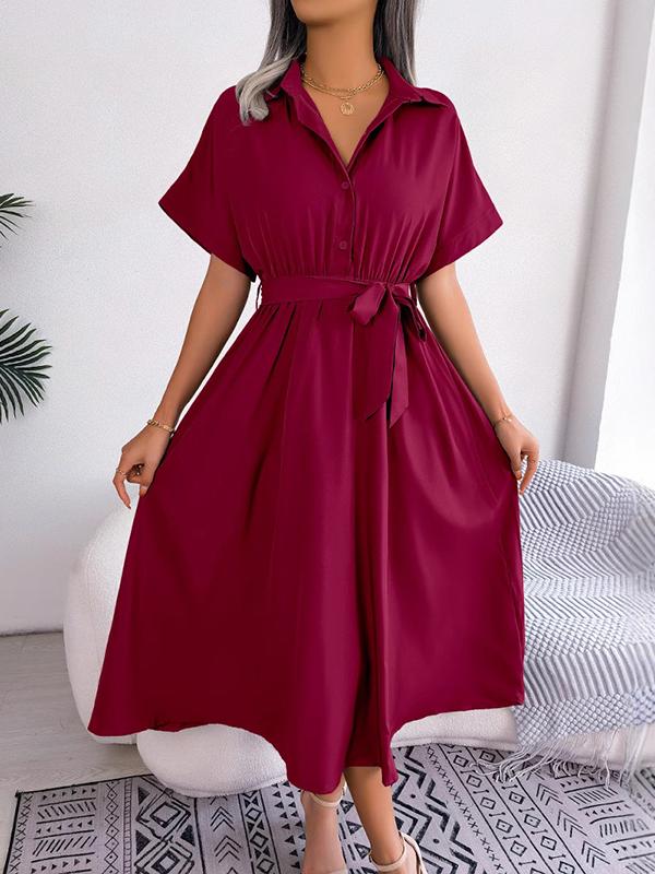 Loose Short Sleeves Solid Color Split-Joint Tied Waist Lapel Midi Dresses Shirt Dress Product Image