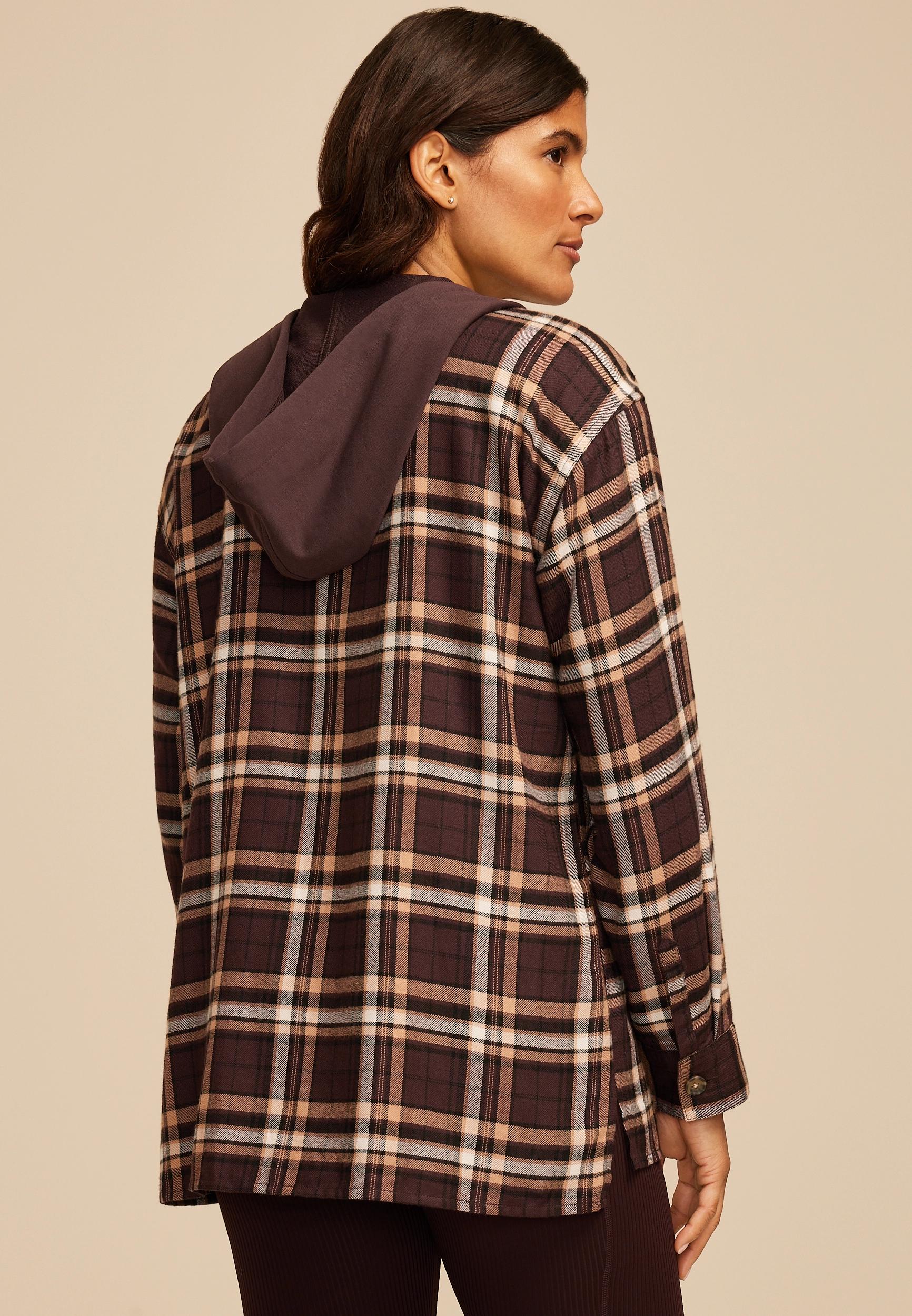 Plaid Hooded Boyfriend Button Down Shirt Product Image