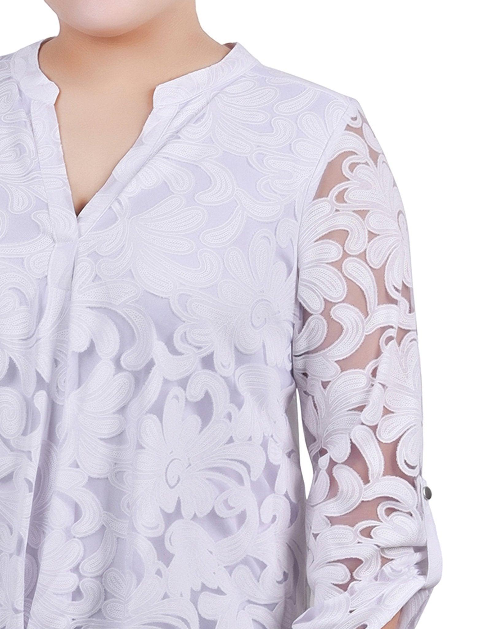 White Scrolleaf Long Sleeve Burnout Y Neck Blouse - Plus Product Image