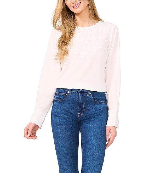 CeCe Long Sleeve Eyelet Embroidered Round Neck Long Sleeve Blouse Product Image