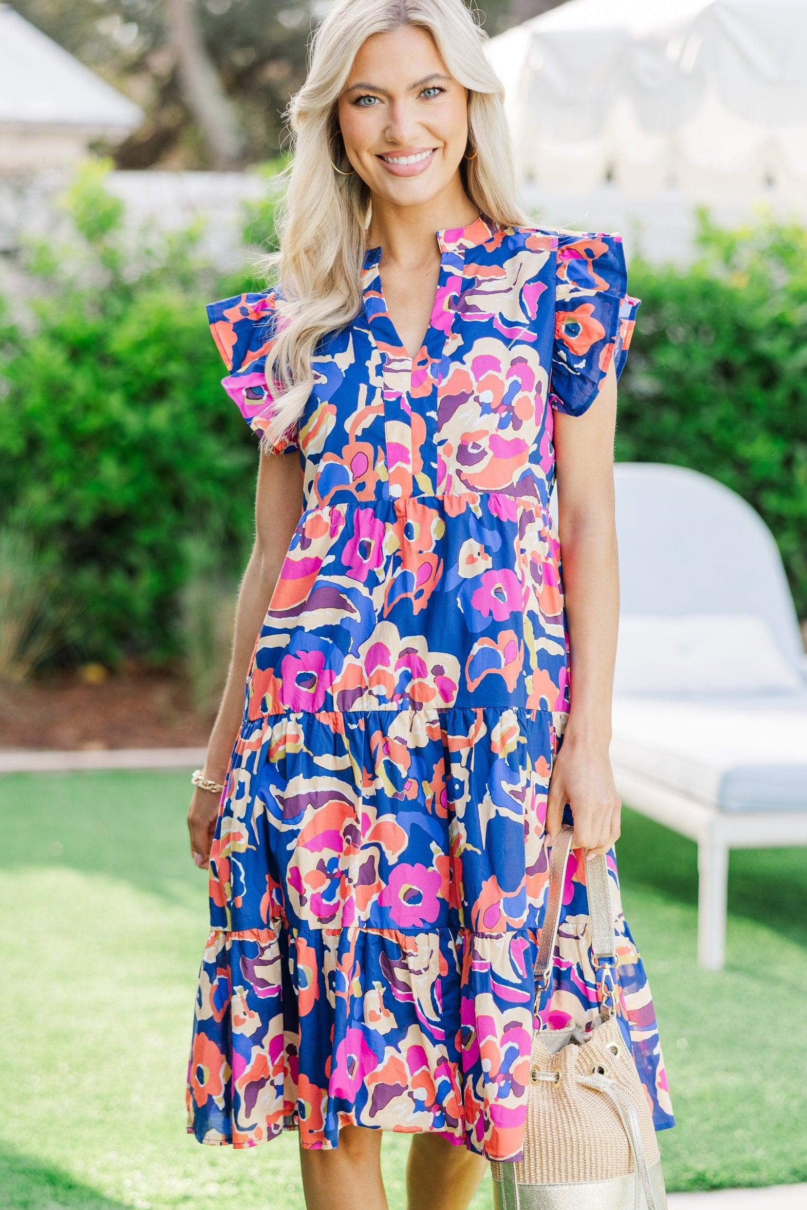 Make It Your Own Navy Blue Floral Tiered Dress Female Product Image