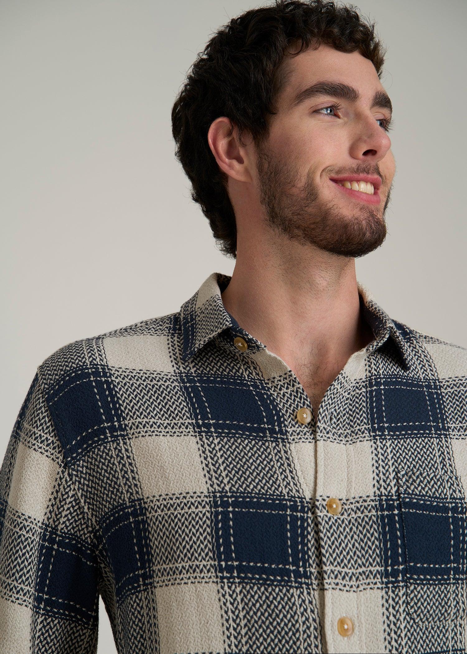 Lightweight Woven Overshirt for Tall Men in Navy and Beige Plaid Male Product Image