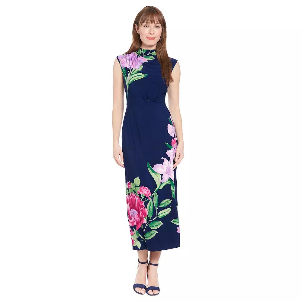 Petite London Times Floral Print Mock Neck Ruched Shoulder Maxi Dress, Women's,  Product Image