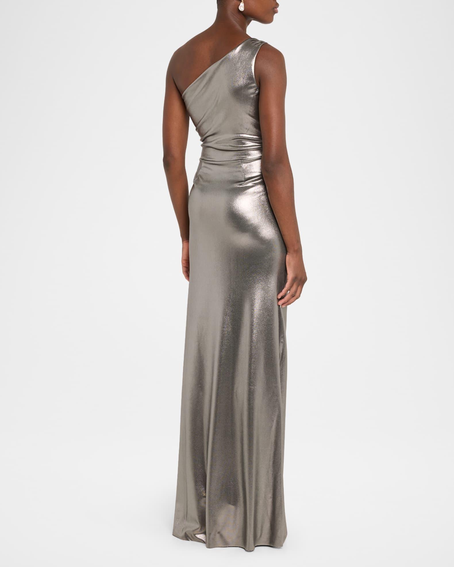 Ruched One-Shoulder Metallic Jersey Gown Product Image