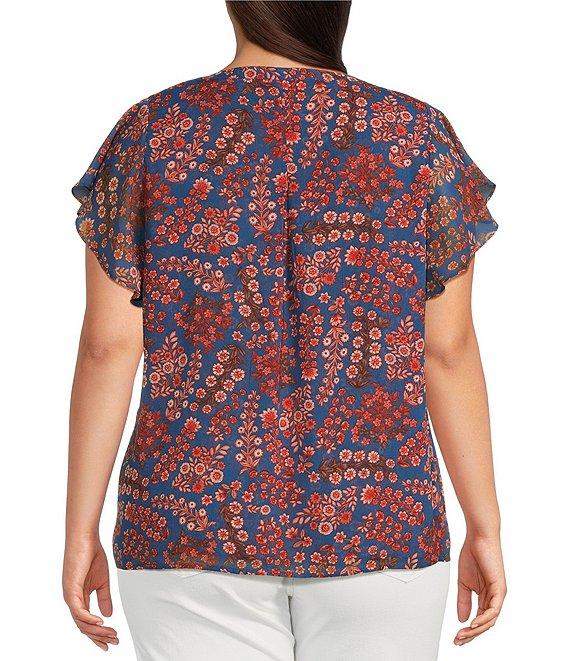 Liverpool Los Angeles Plus Size Chiffon Floral Printed Split V-Neck Flutter Sleeve Blouse Product Image