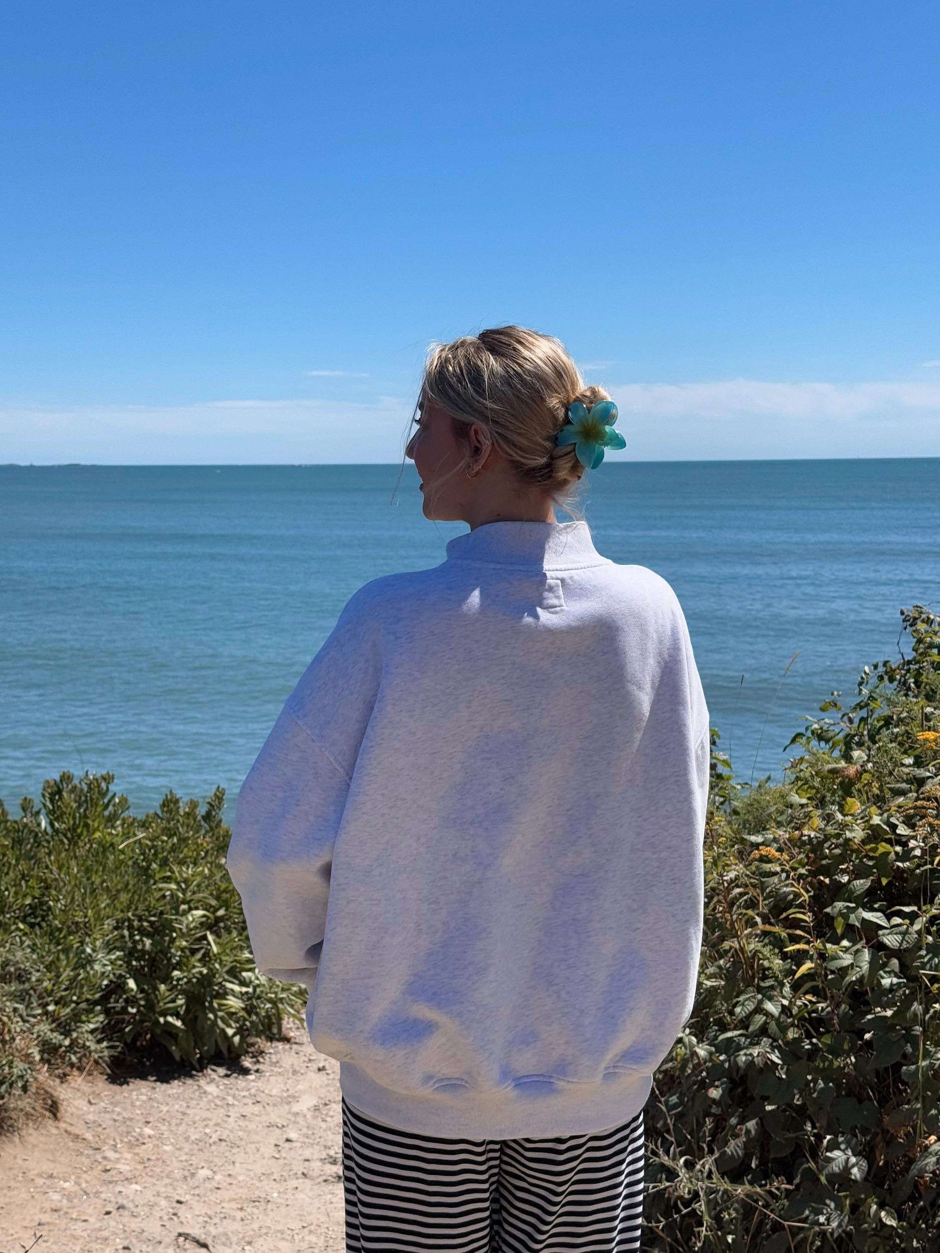 Pearl Grey Mockneck Sunkissed Varsity Embroider Sweatshirt Product Image