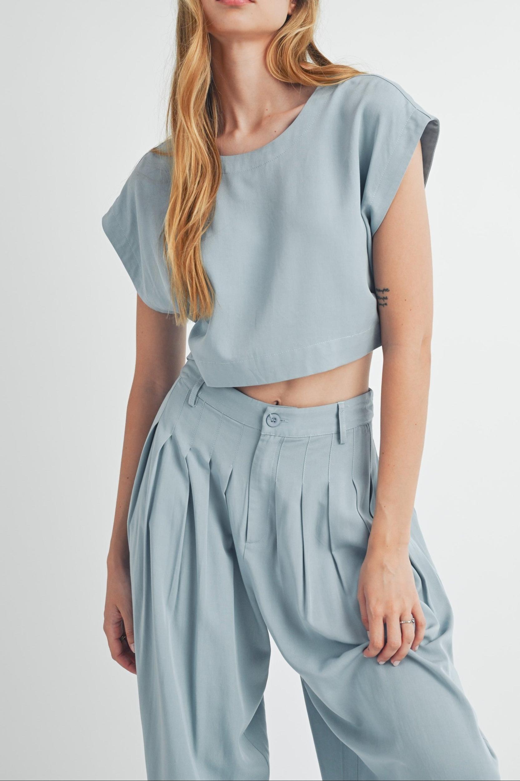 Simple Crop Top & Pleated Wide Leg Pants Product Image