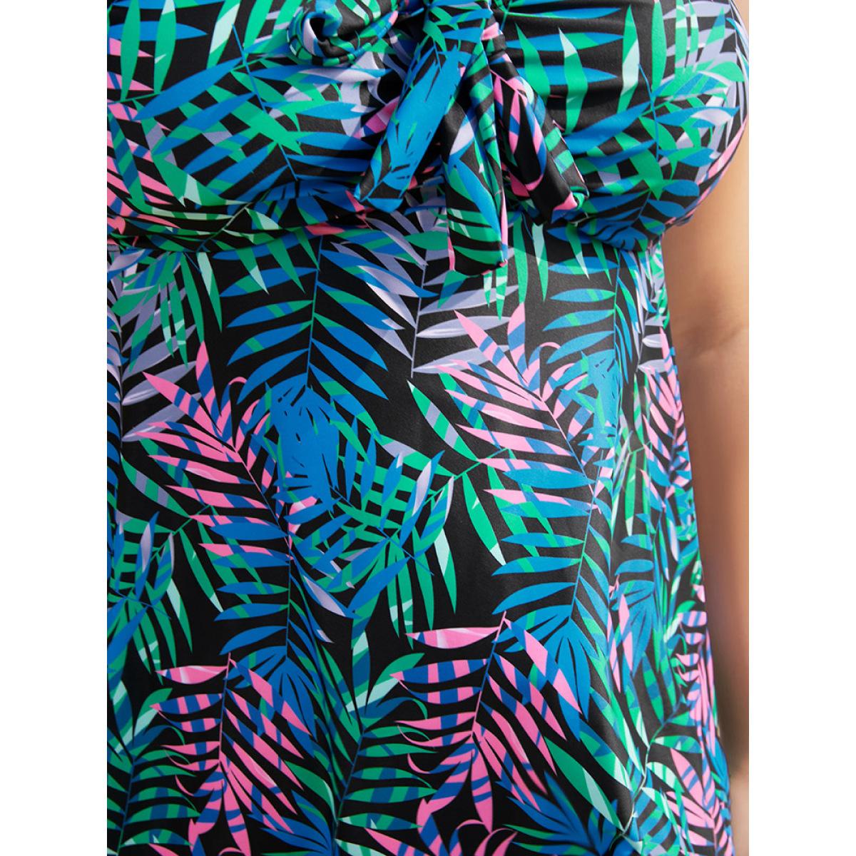 Plus Size Plant Print Knotted Front Ruffles Swim Dress Women's Swimwear Green Vacation Bodycon V-neck High stretch Curve Swim Dresses BloomChic 10/M Product Image