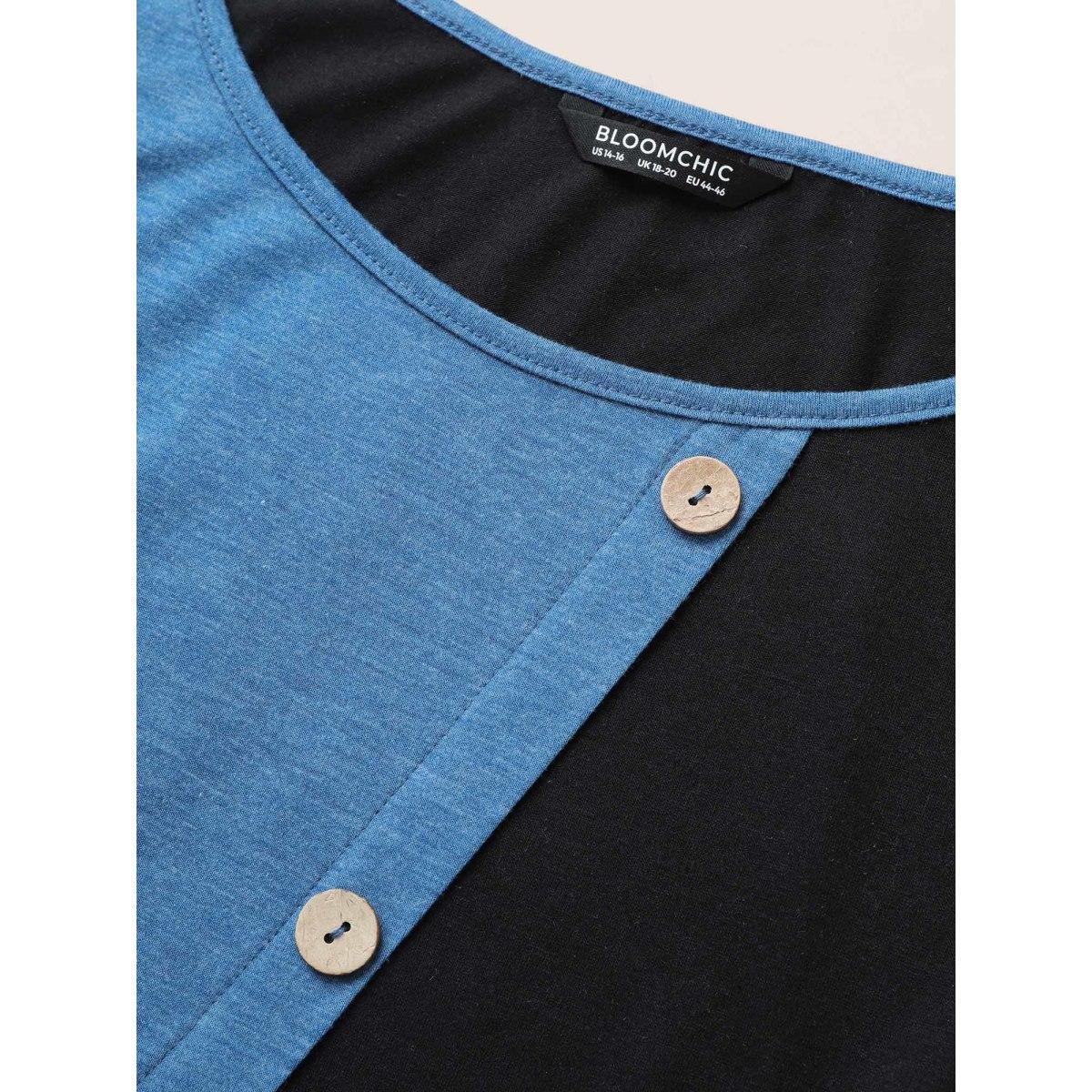 Plus Size Supersoft Essentials Colorblock Button Detail Patchwork Dress Blue Women Casual Non Round Neck Short sleeve Curvy Midi Dress BloomChic 22-24/3X Product Image