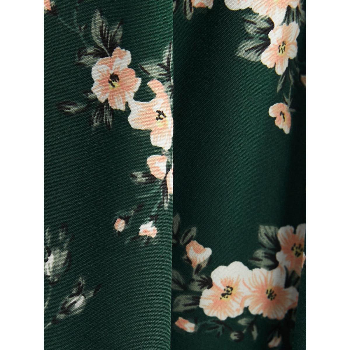 Plus Size Floral Lantern Sleeve Pocket Wrap Shirred Dress Without Hat DarkGreen Women Elegant Pocket V-neck Long Sleeve Curvy Midi Dress BloomChic 26/4X Product Image