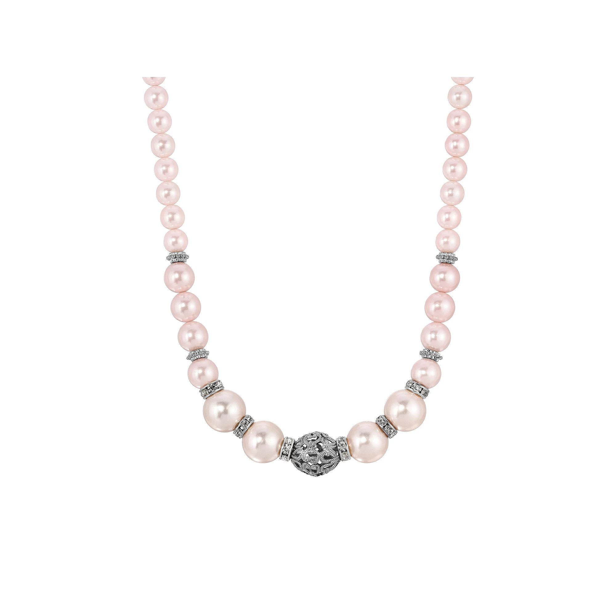 1928 Silver-Tone Simulated Pearl Filigree Bead Necklace, Women's, Pink Product Image