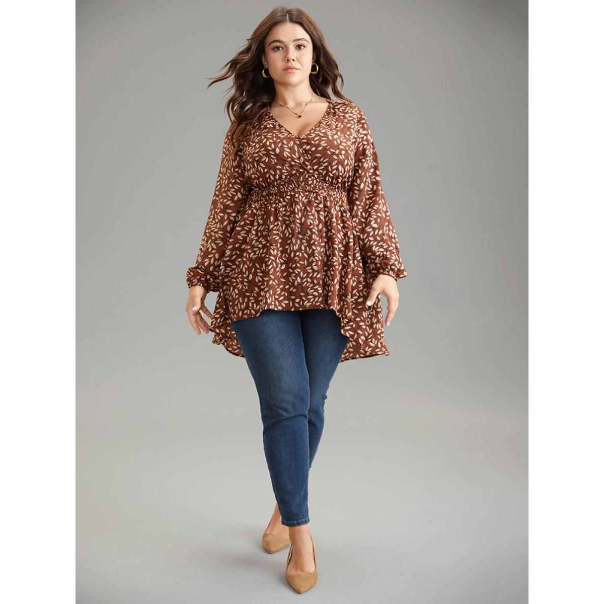 Plus Size Russet Ditsy Floral Shirred Elastic Waist High Low Hem Blouse Women Elegant Long Sleeve V-neck Everyday Blouses BloomChic 28/5X Product Image