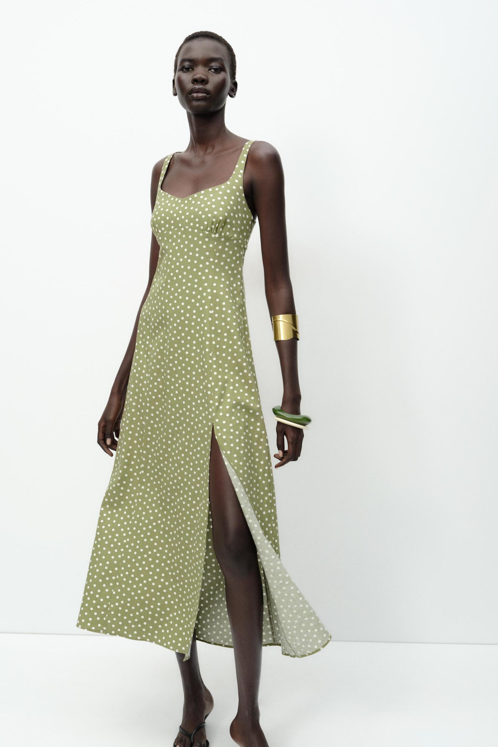 LINEN BLEND POLKA DOT MIDI DRESS Product Image
