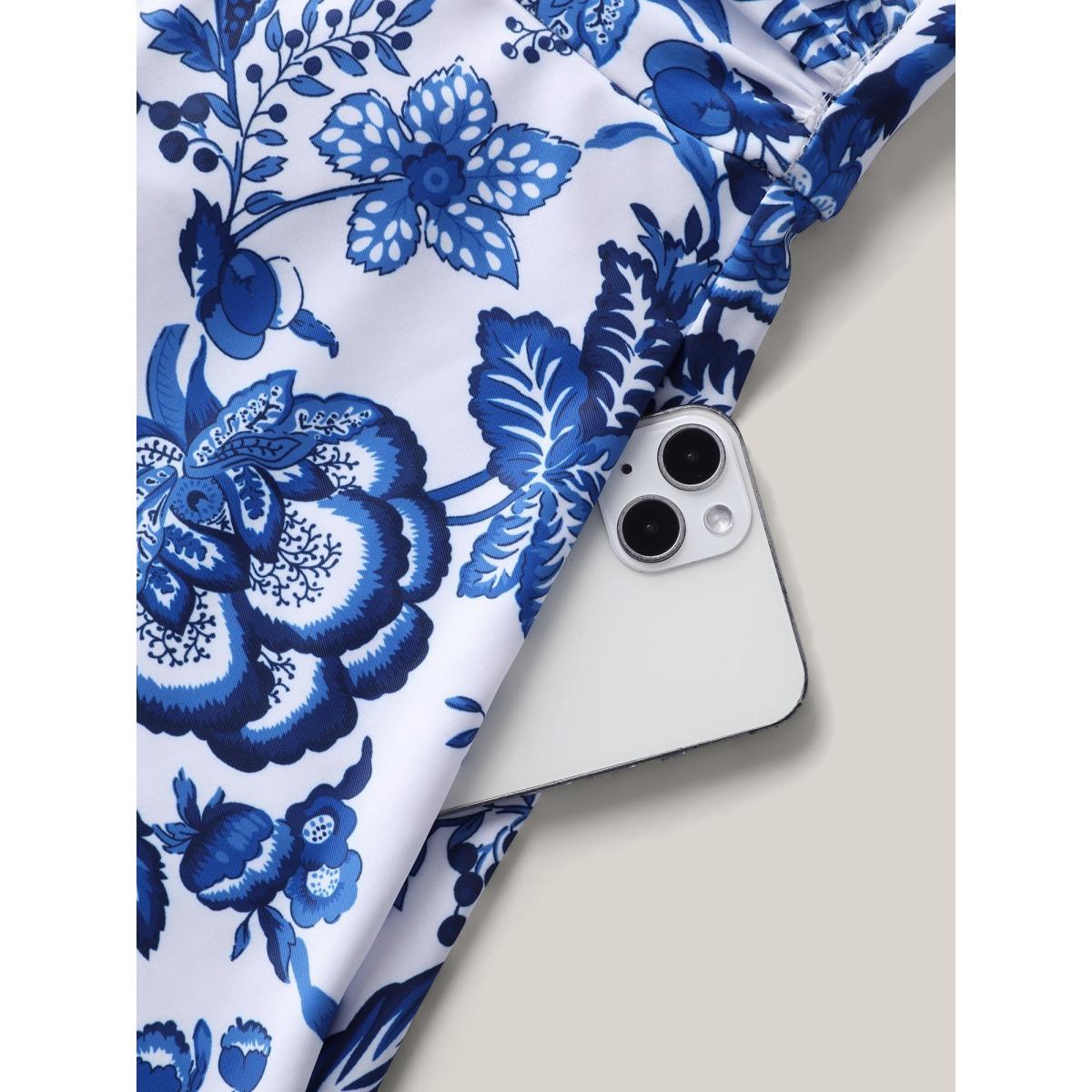 Plus Size Boho Print Ruched Pockets Swim Dress Women's Swimwear Originalwhite Resort Bodycon Overlap Collar High stretch Curve Swim Dresses BloomChic 12/L Product Image