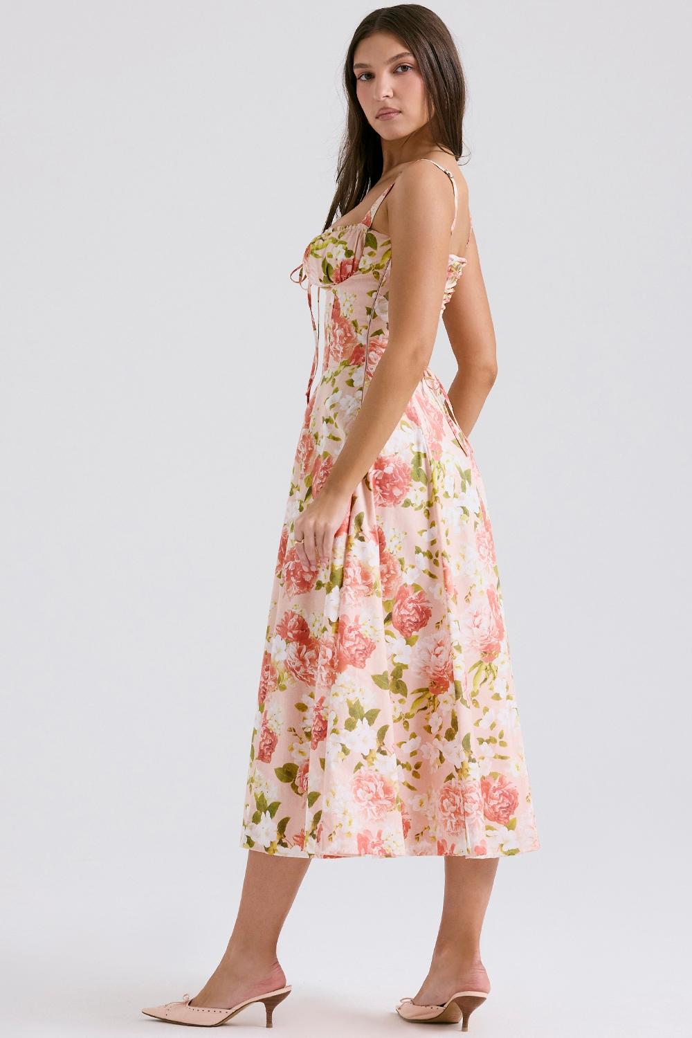 Carmen  pink peony print cotton bustier sundress Product Image