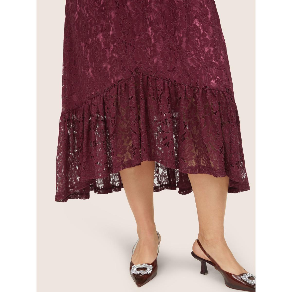 Plus Size Crochet Lace Mesh Gathered Arc Hem Dress Burgundy Women Elegant Non V-neck Elbow-length sleeve Curvy Midi Dress BloomChic 12/L Product Image