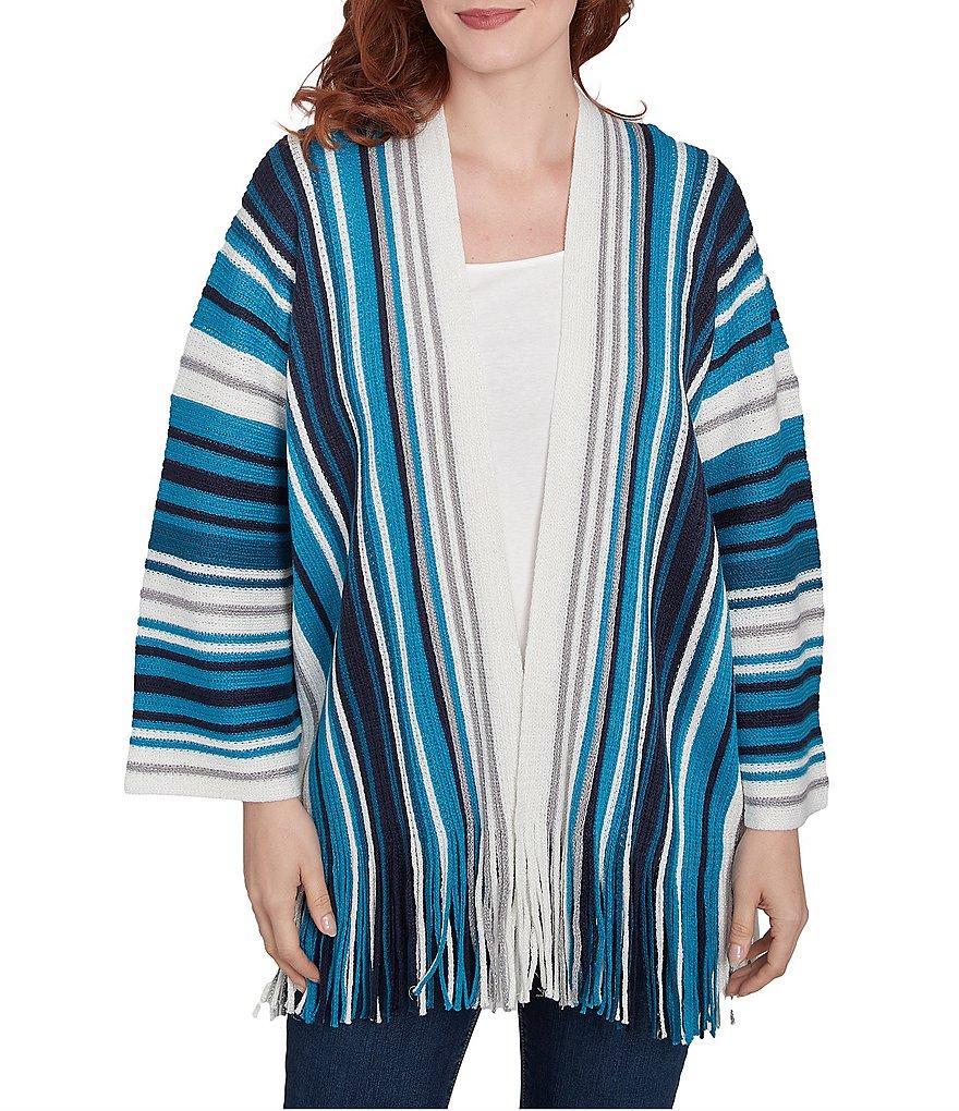 Ruby Rd. Metallic Striped Long Sleeve Fringed Hem Open-Front Car Sweater Product Image