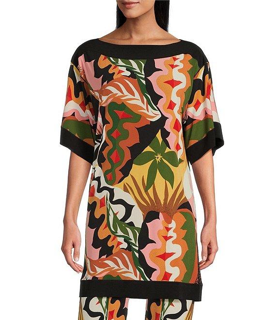 Eva Varro Border Block Printed Boat Neck Elbow Sleeve Coordinating Tunic Product Image