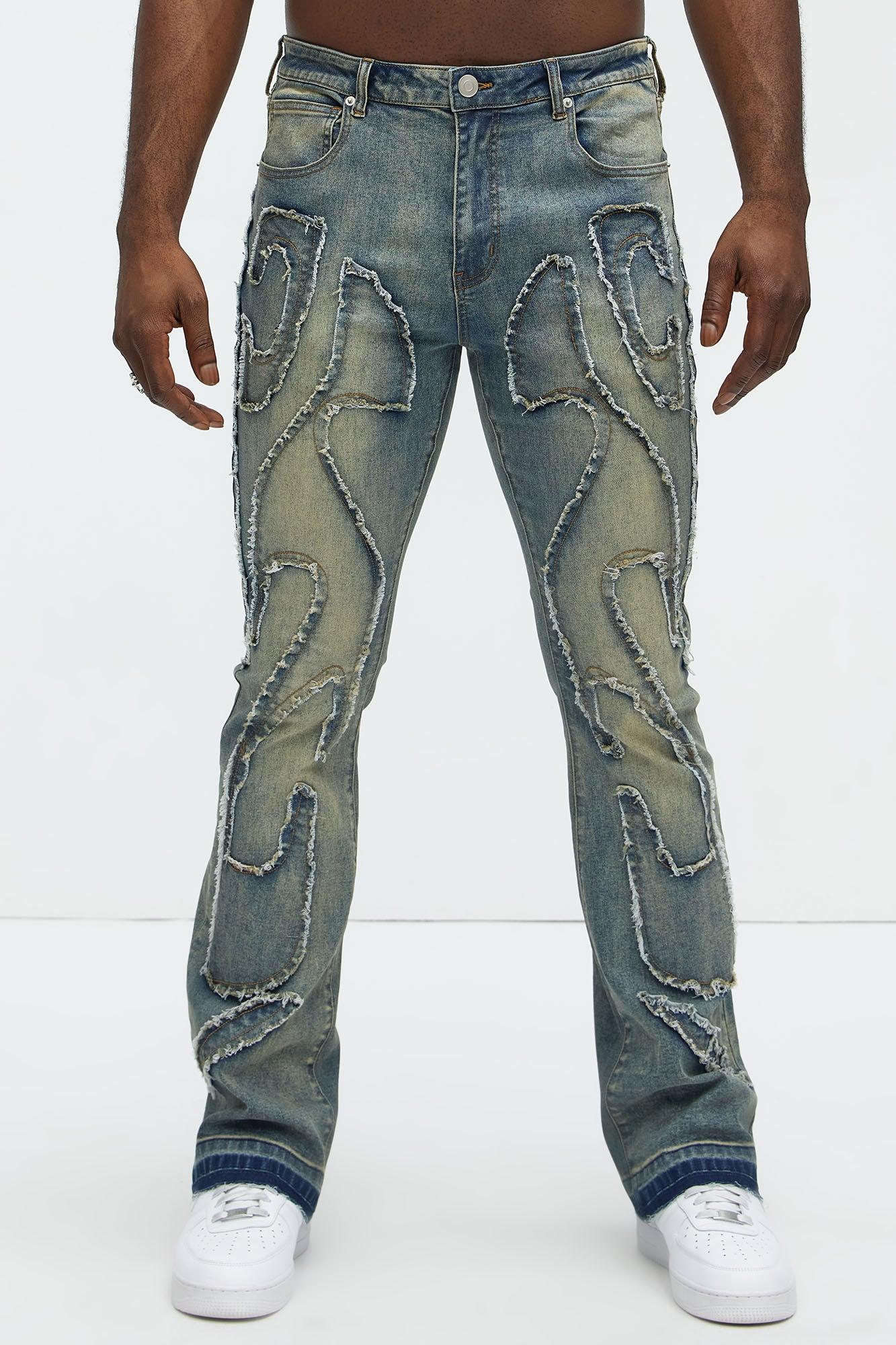 Flame Frayed Patch Stacked Skinny Flare Jeans - Vintage Blue Wash Product Image