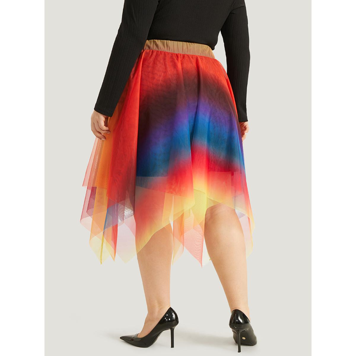 Plus Size Halloween Ombre Tiered Elastic Waist Hanky Hem Skirt Women Multicolor Glamour Contrast No stretch Festival-Halloween Skirts BloomChic 28/5X Product Image