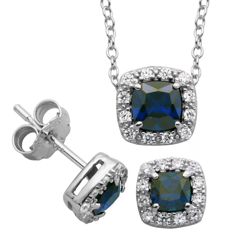 Sterling Silver Lab-Created Blue Sapphire & Cubic Zirconia Cushion Halo Pendant Necklace & Stud Earrings Set, Women's Product Image