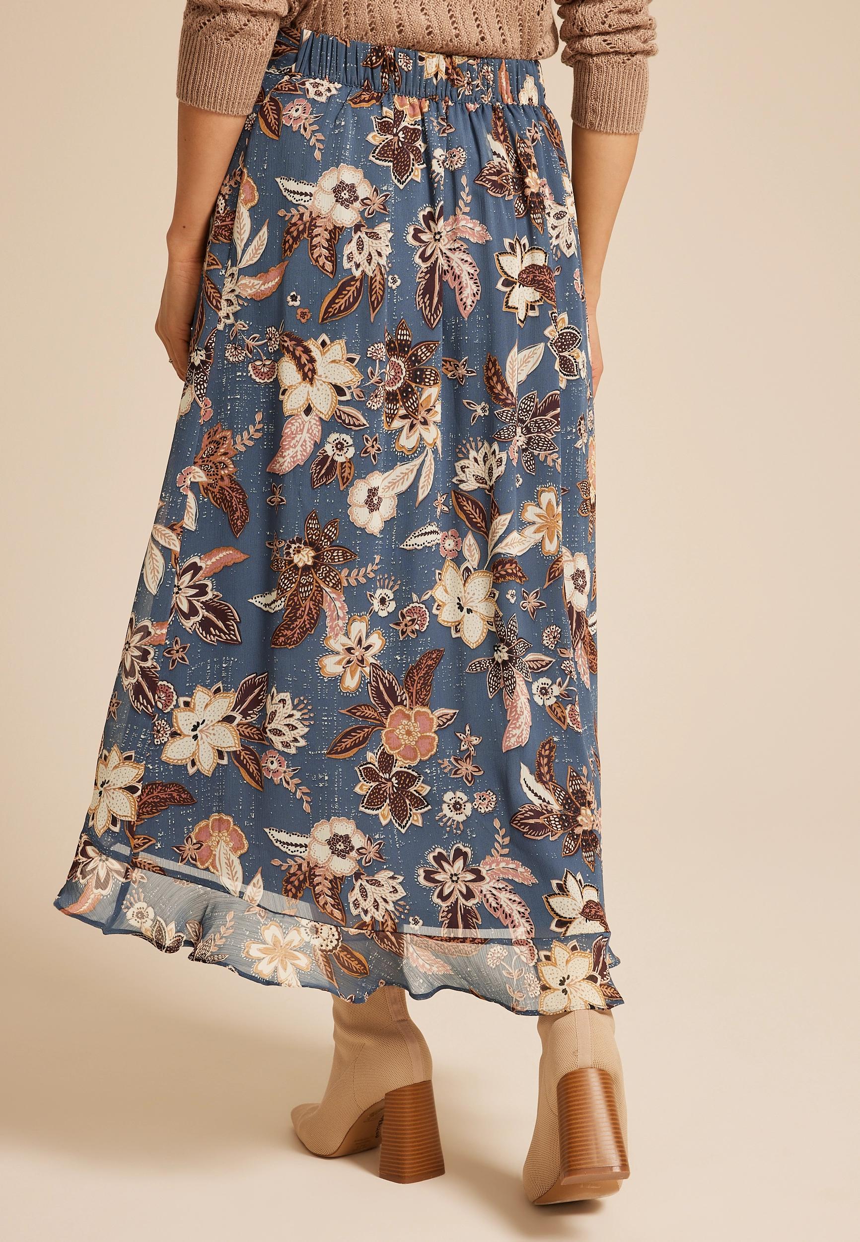 Blue Floral Faux Wrap Maxi Skirt Product Image