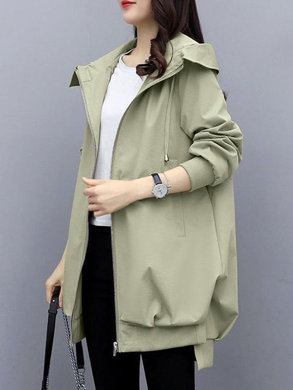 Casual Loose 4 Colors Pleated Zipper Hooded Long Sleeves Outwear Product Image