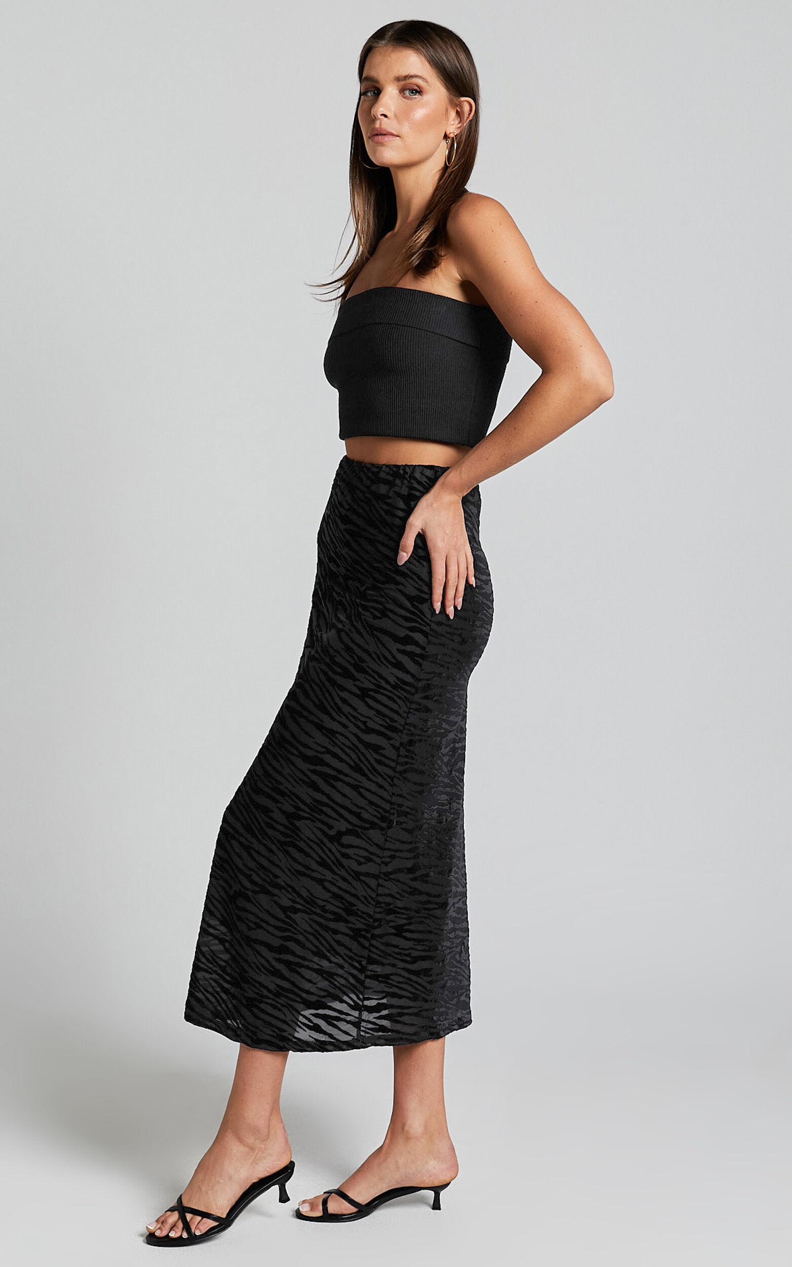 Frankie Midi Skirt - Burn Out Velvet High Waisted Slip Skirt in Black Product Image