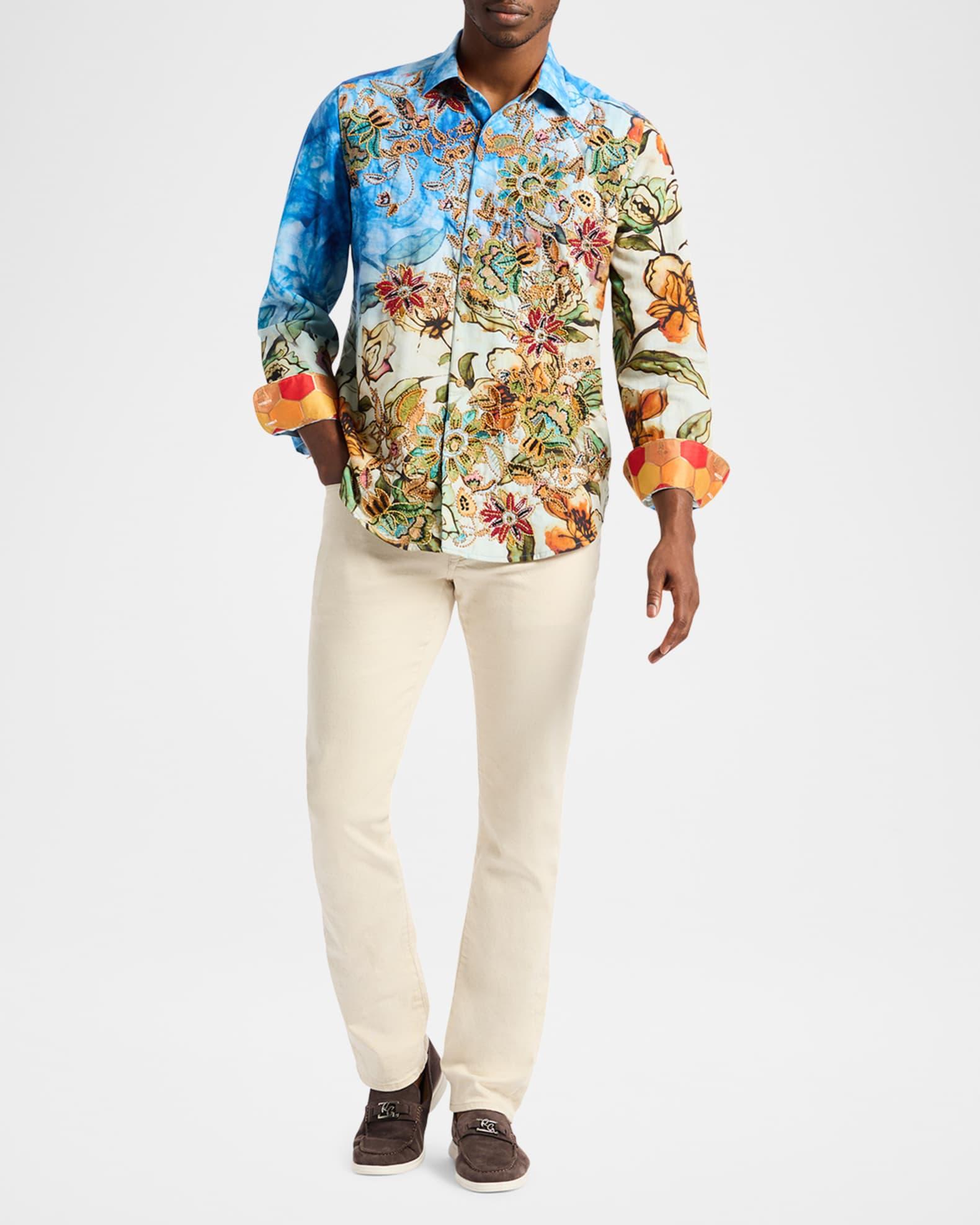 Men's Flax and Cotton Floral Embroidered Sport Shirt Product Image