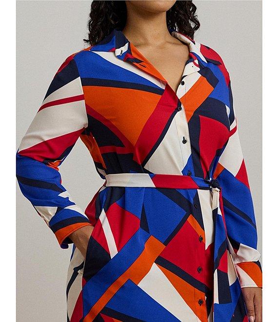 Lauren Ralph Lauren Plus Size Crepe de Chine Printed Point Collar Long Sleeve Button-Front Self-Tie Waist Midi Shirtdress Product Image